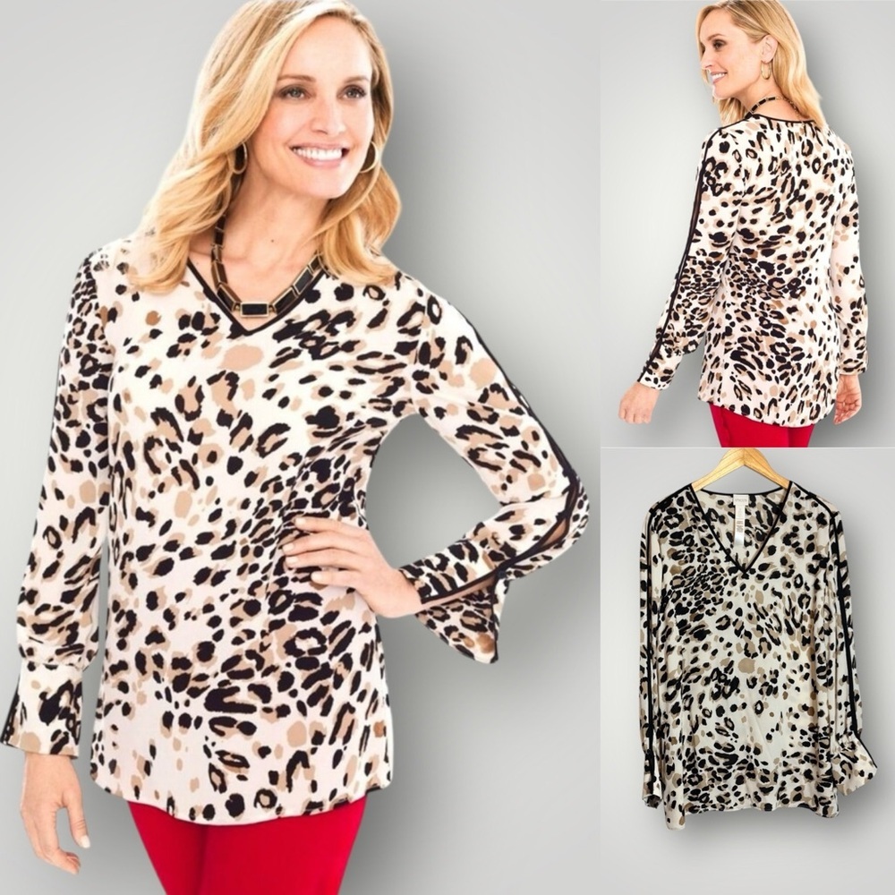 Chico's Piped Leopard Animal Print Top Cut Out Long Sleeve Semi Sheer